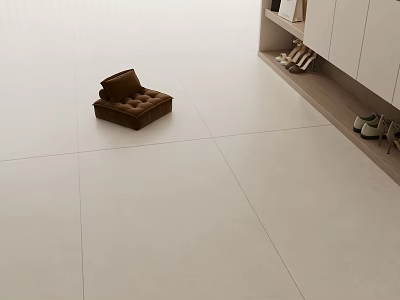 Light Colored Floor Tiles in Entrance Area with Brown Stool White Cabinets and Shoes 3d model