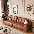Modern Living Room Interior With Brown Leather Sofa Throw Pillows Framed Paintings And Floor Lamp