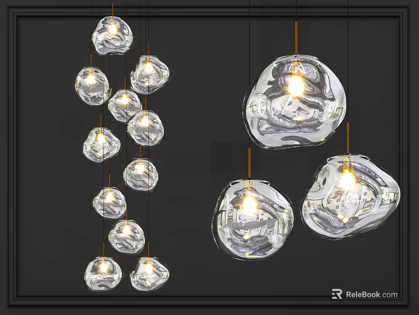 Multiple Transparent Glass Pendant Lights with Irregular Shape Hanging Illuminated in Modern Interior 3d model 