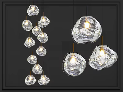 Multiple Transparent Glass Pendant Lights with Irregular Shape Hanging Illuminated in Modern Interior 3d model