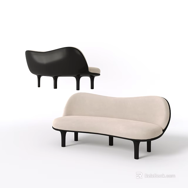 Modern Beige Upholstered Two-Seater Sofa With Black Legs And Simple Design 3d model