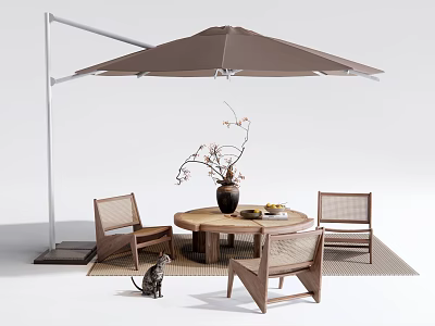 Outdoor Round Wooden Table And Chairs Set With Umbrella Vase And Woven Rug 3d model
