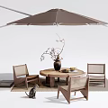 Outdoor Round Wooden Table And Chairs Set With Umbrella Vase And Woven Rug