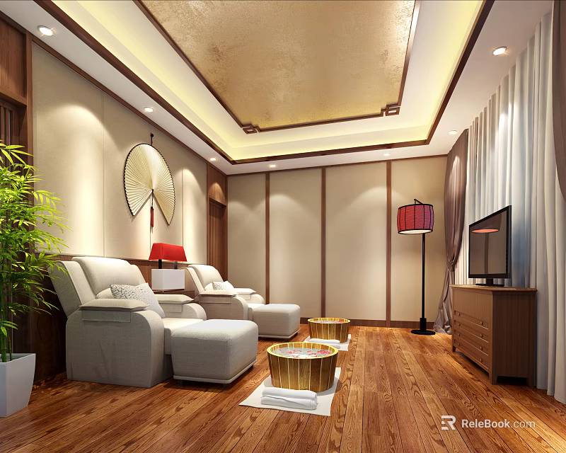 Luxury SPA Sauna Interior With Comfortable Lounge Chairs Wooden Flooring And Soft Lighting 3d model 