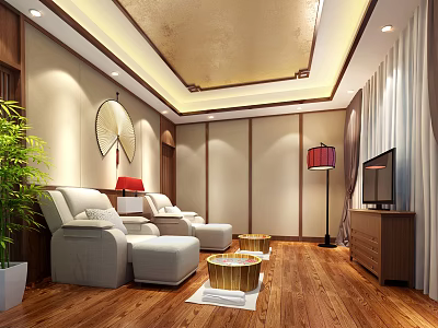 Luxury SPA Sauna Interior With Comfortable Lounge Chairs Wooden Flooring And Soft Lighting 3d model