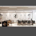 School Chinese Calligraphy Classroom With Wooden Furniture Traditional Paintings And Green Plants