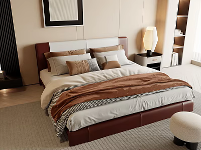 Modern Double Bed With Leather Frame Multiple Pillows Bedside Table Lamp And Rug 3d model