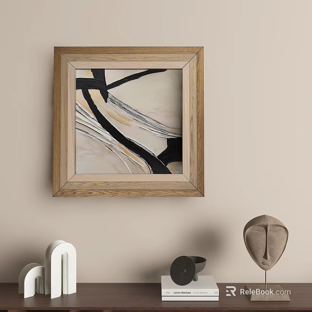 Abstract Painting In Wooden Frame With Black Beige Gray Modern Artwork Wall Decor 3d model 