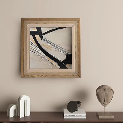 Abstract Painting In Wooden Frame With Black Beige Gray Modern Artwork Wall Decor 3d model
