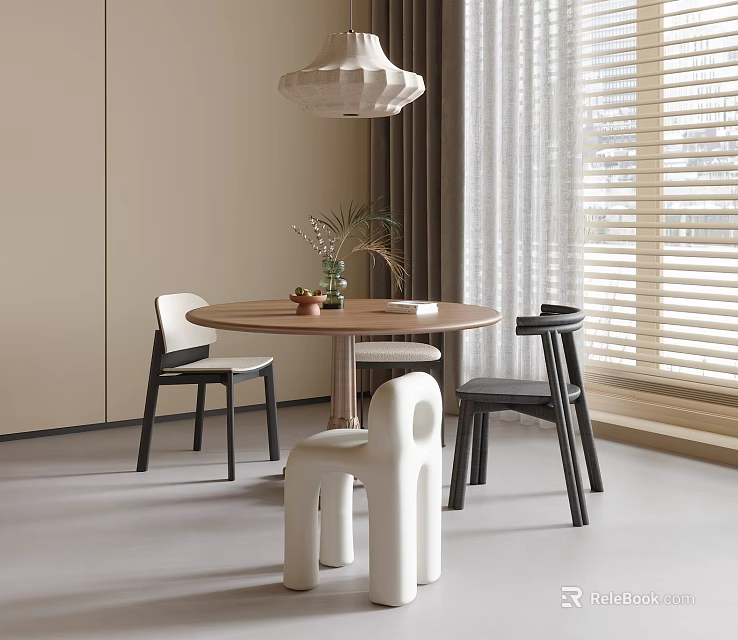 Modern Round Wooden Dining Table With White Black Chairs And Pendant Light Near Window Blinds 3d model 