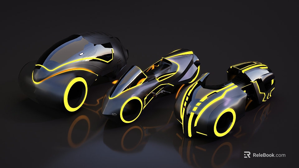 Three Black Motorcycles with Yellow Glowing Lines and Futuristic Design Features 3d model 
