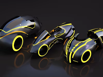 Three Black Motorcycles with Yellow Glowing Lines and Futuristic Design Features 3d model
