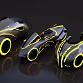 Three Black Motorcycles with Yellow Glowing Lines and Futuristic Design Features