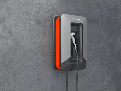 Tesla Wall Mounted Electric Vehicle Charger With Orange Accents On Gray Wall 3d model