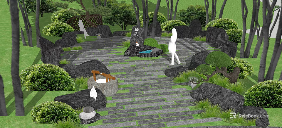 Japanese Style Garden Courtyard With Stone Pathways Lush Greenery Rock Formations And Stone Lanterns 3d model 