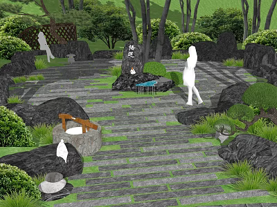 Japanese Style Garden Courtyard With Stone Pathways Lush Greenery Rock Formations And Stone Lanterns 3d model