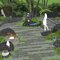 Japanese Style Garden Courtyard With Stone Pathways Lush Greenery Rock Formations And Stone Lanterns
