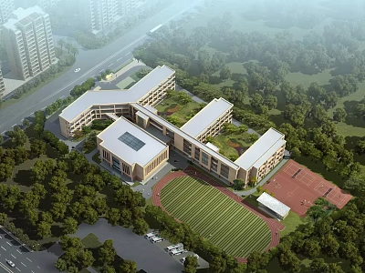 School Building Campus Design With Green Roofs Sports Field And Surrounding Trees 3d model