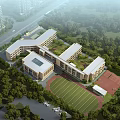 School Building Campus Design With Green Roofs Sports Field And Surrounding Trees