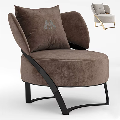 Single Sofa Brown Velvet Upholstery With Curved Backrest Black Metal Legs And Bow Pattern Cushion 3d model
