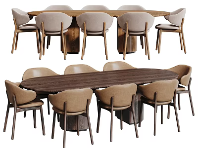 Modern Wooden Dining Table Set With Eight Beige Chairs And Solid Wood Legs 3d model