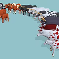 Low Poly Style Cows In Group With Adult And Calf In Brown White Colors