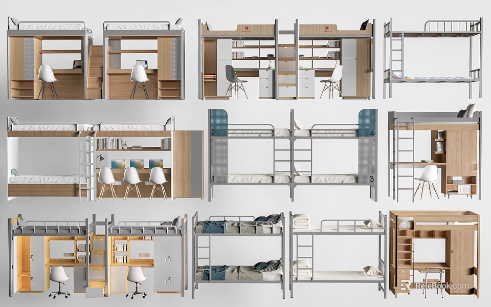 Modern Bunk Beds With Desk Storage And Chair For Bedroom Furniture 3d model 