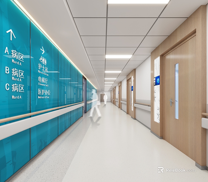 Hospital Outpatient Department Corridor With Direction Signs Ward A B C Indicators Arrows Wooden Doors 3d model 