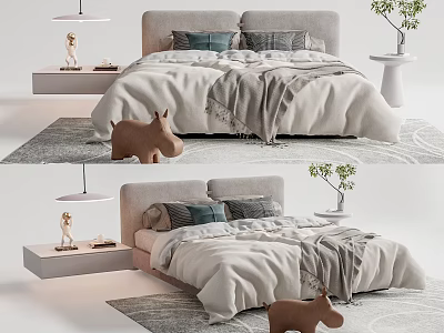 Modern Double Bed Interior With Gray Blue Pillows White Bedspread Gray Blanket And Green Plant 3d model