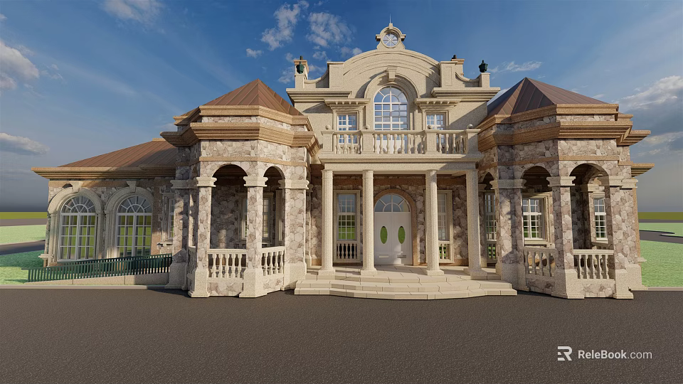 European Style Detached Villa with Stone Exterior Arched Windows Grand Steps Columns and Balcony 3d model 