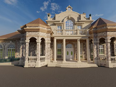 European Style Detached Villa with Stone Exterior Arched Windows Grand Steps Columns and Balcony 3d model