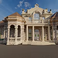 European Style Detached Villa with Stone Exterior Arched Windows Grand Steps Columns and Balcony