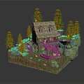 Cartoon Scene With Cozy Wooden Cabin Multiple Pine Trees Stone Stairs Green Grass And Rocks