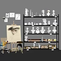 Art Supplies and Musical Instruments Collection with Easel Paints Plaster Busts on Shelves