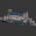 Ancient Castle Architecture With Blue Roof Spire Towers On Rocky Cliff Greenery And Reflection