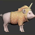 Cute Pink Pig With Unicorn Horn Wearing Orange Patterned Outfit Standing On Dark Reflective Surface