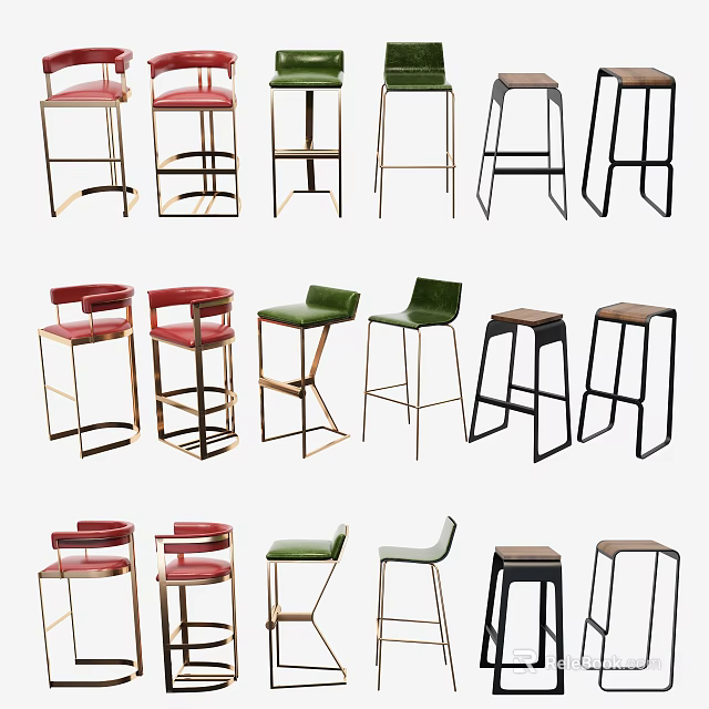 Modern Bar Stools With Various Styles Colorful Seats And Sleek Metal Frames 3d model 