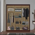Wooden Wardrobe Interior With Hanging Clothes Folded Garments Bags Shoes And Storage Boxes