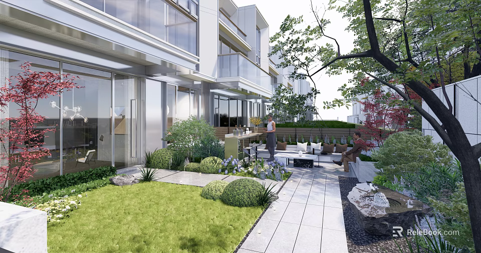 Modern Building Terrace Garden Landscape With Green Lawn Shrubs And Outdoor Seating 3d model 