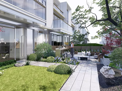 Modern Building Terrace Garden Landscape With Green Lawn Shrubs And Outdoor Seating 3d model