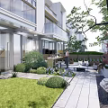 Modern Building Terrace Garden Landscape With Green Lawn Shrubs And Outdoor Seating