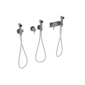 Brushed Metal Shower Fixtures With Control Knobs And Flexible Hoses Design 3d model