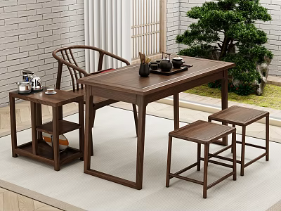Traditional Wooden Tea Table And Stools Set With Tea Sets Green Plant And Brick Wall 3d model