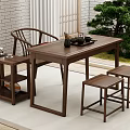Traditional Wooden Tea Table And Stools Set With Tea Sets Green Plant And Brick Wall