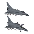 Two Gray Military Fighter Jets With Weapon Systems In Flight And Landing Gear