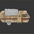 Vintage Brown Trailer With Red Stripes Roof Rack Ladder Wooden Door Black Windows White Wheels
