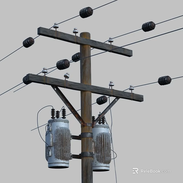 Outdoor Utility Pole With Electrical Equipment Power Lines Insulators And Transformers 3d model 