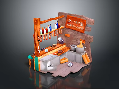 Japanese Ramen Shop Interior With Wooden Counter Seasoning Bottles Bowls Ramen Sign And Kitchen Utensils 3d model