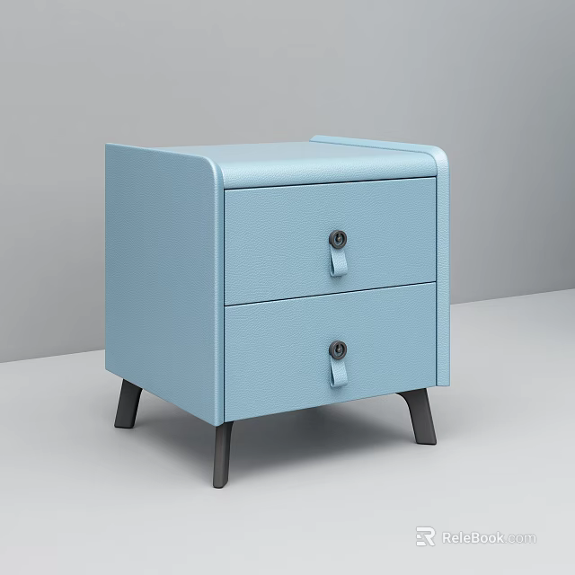 Light Blue Nightstand With Two Drawers And Metal Knobs On Black Legs 3d model