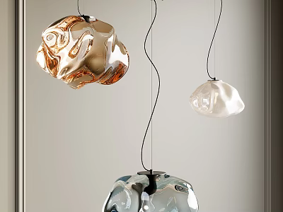 Modern Artistic Pendant Lights With Copper Transparent Blue Glass Curved Sculptural Shapes 3d model